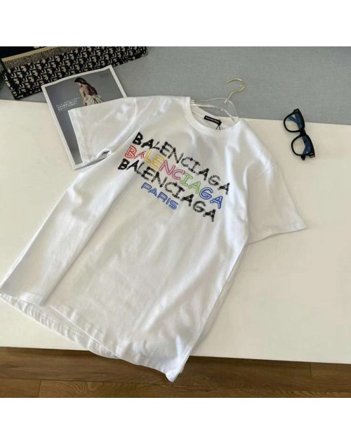 Balenciaga バレンシアガ  tシャツ半袖 コットン製 カラフルロゴ付き 丸首ソフト ウェアトップ カジュアルファッション カップル向け 男女兼用