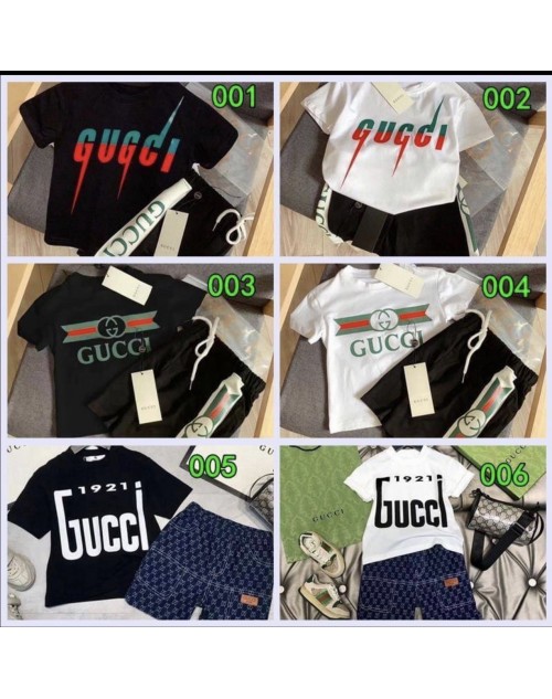 GUCCIグッチ 子供服セットｔシャツ半袖＋半ズボン お洒落logoプリント付き 丸首コットン製 ファッション潮流韓国風