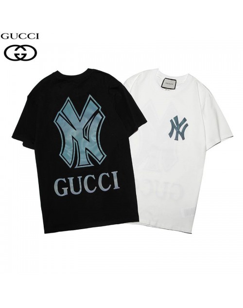 グッチ NYコラボ Tシャツ半袖 反射性ロゴ GUCCIティシャツ 男女兼用カジュアルファッション夏物