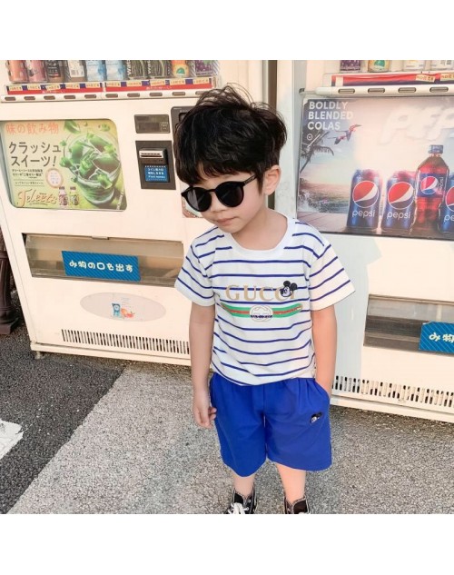 グッチ 子供服セットｔシャツ半袖＋半ズボン 可愛いミッキー付き ストライプ カジュアルファッション潮流 男女兼用