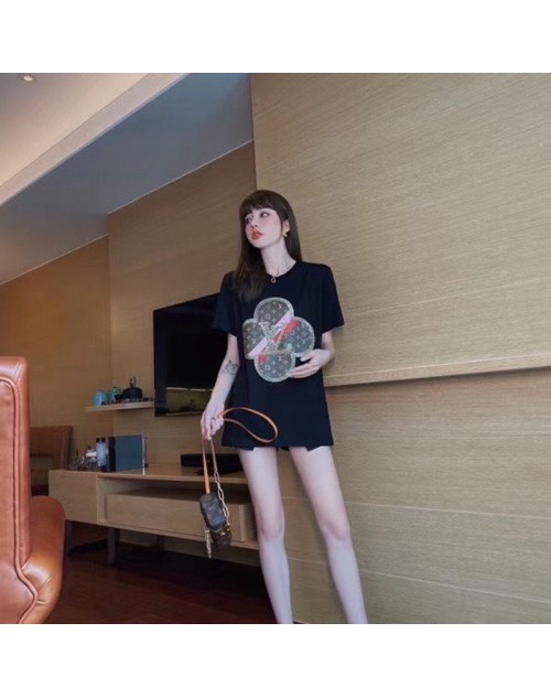 ルイヴィドン tシャツ半袖 おしゃれひまわりモノグラム キラキラビーズ付き コットン製  潮流個性人気 高品質 女性向け