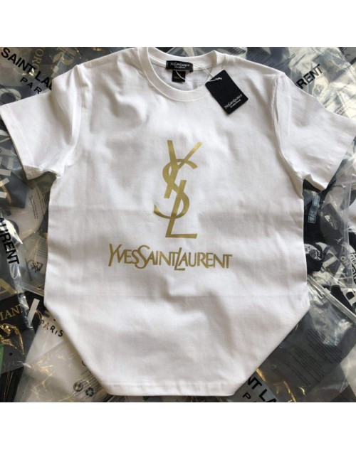 YSL イブサンローラン Ｔシャツ半袖 コットン製 丸首ソフト キラキラゴールデンlogo付き カジュアル ファッションお洒落 カップル向け 男女兼用