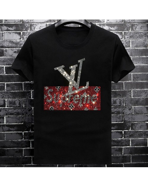 シュプリーム xヴィドンコラボ  tシャツ半袖 コットン製 個性キラキラlogo付き カジュアル ティシャツトップス メンズ向け