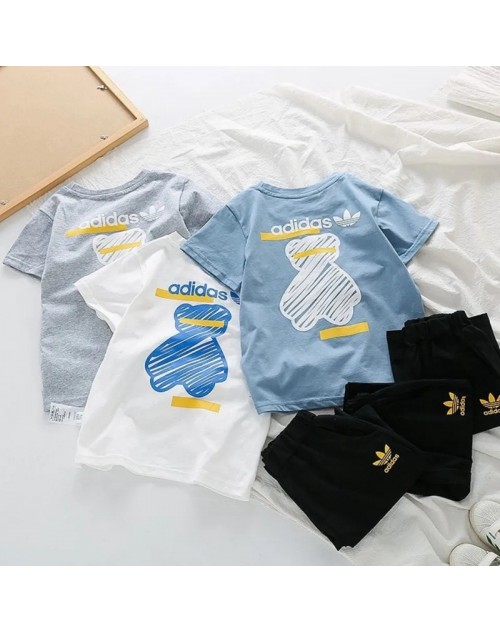 アディダス ｔシャツ 子供服 上下セット 半ズボン 丸首 コットン トップス プリント