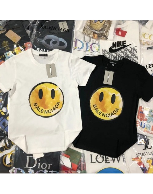 バレンシアガ ｔシャツ 半袖 トップス プリント レディース コットン ブランド 笑 ハッピー ゆったり メンズ 春秋 服 クルーネック