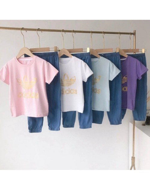 アディダス ｔシャツ 子供服 上下セット 長ズボン 丸首 コットン トップス プリント