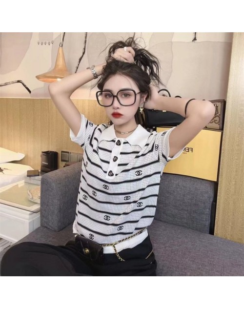 シャネル Tシャツ 短袖 編み物 モノグラム ポロシャツ 刺繍 夏 女性