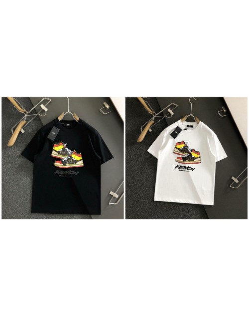 フェンディ ｔシャツ 丸首 黒白 短袖 ロゴ 男女兼用 2023新品 夏　