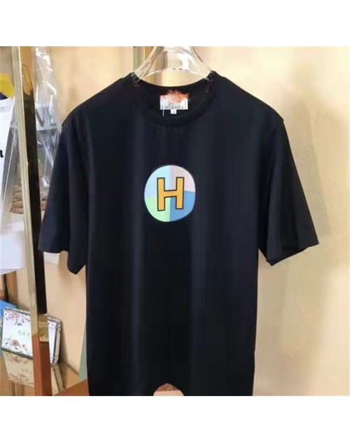 エルメス Tシャツ シンプル 白黒 丸首 カジュアル 半袖 H お洒落 メンズ