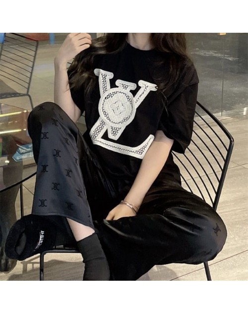 ルイヴィトン Tシャツ 丸首 短袖 モノグアム 刺繍 女性 人気 ファション