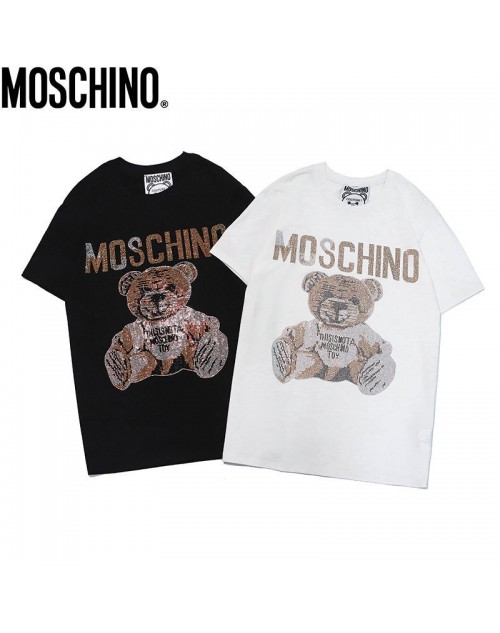 モスキーノ Ｔシャツ 黒白 キラキラ 熊付き 女性 メンズ 半袖 ファション