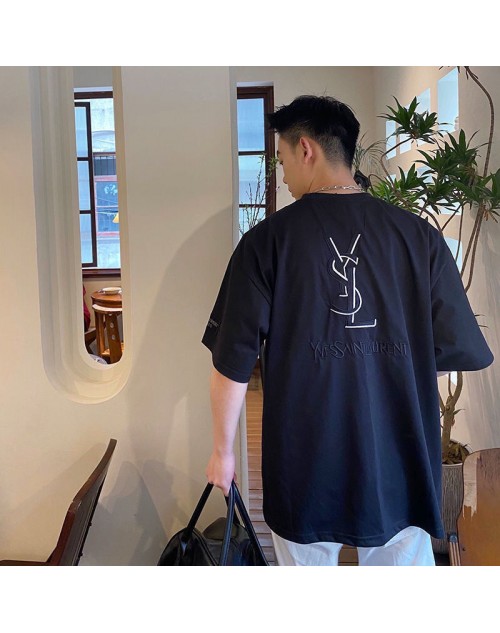 イブサンローラン Tシャツ 短袖 刺繍 黒 モノグラム カジュアル 男女通用 
